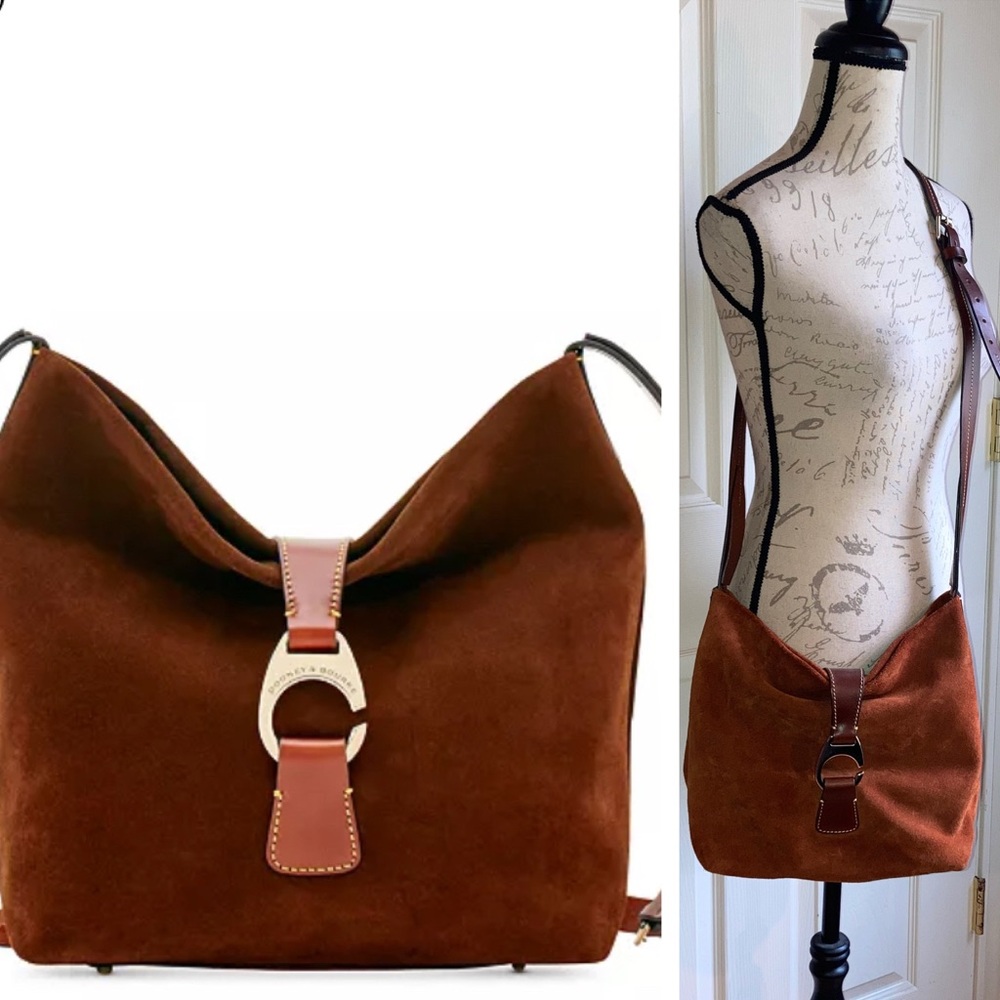 Dooney & Bourke Suede Hobo Crossbody Leather Purse Brown Boho Fall Bag